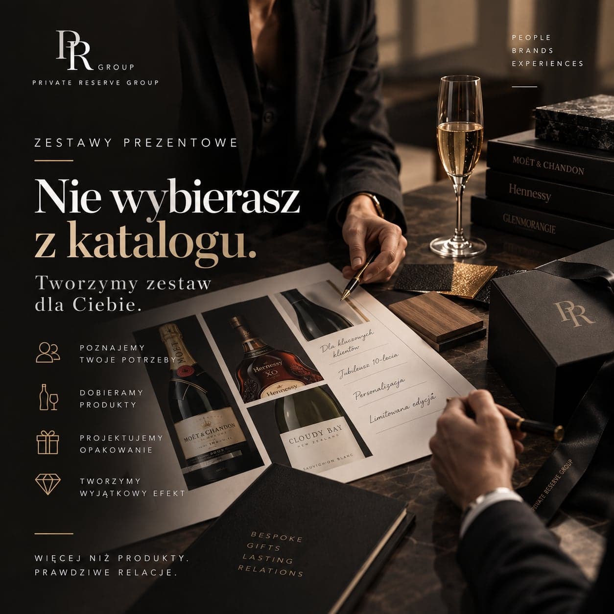 Zestawy prezentowe: Nie wybierasz z katalogu. Tworzymy zestaw dla Ciebie - poznajemy potrzeby, dobieramy produkty, projektujemy opakowanie.